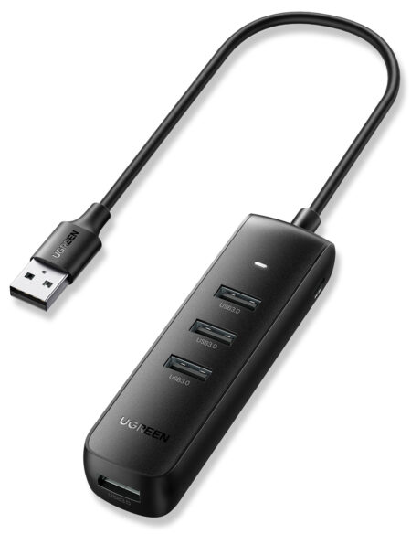 Hub USB-A 3.0 Ugreen 10915 4 Puertos USB-A 3.0 (5Gbps), Cable 25Cm, Indicador LED, Entrada USB-C Para Alimentar Equipos De Mayor Consumo, Color Negro