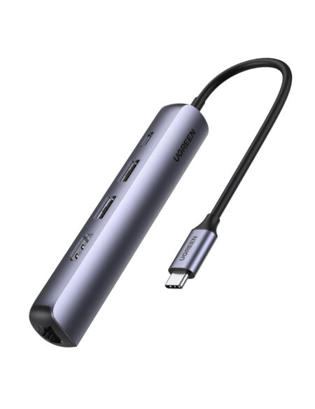 Hub USB-C 5 En 1 Ugreen 10919, Ultradelgado/2 Puertos USB 3.0 A 5 Gbps/HDMI/RJ45/Carga Rapida 100W/Caja De Aluminio
