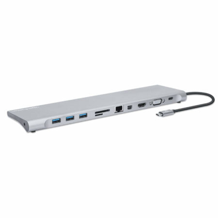 DOCKING STATION USB C MANHATTAN 130578, 3X USB 3.0, 1X USB C, 1X HDMI, 1X VGA, 1X MINI DISPLAYPORT, 1X RJ-45, 1X SD HEMBRA, 5000 MBIT/S, GRIS