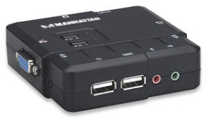 SWITCH KVM MANHATTAN 151252 COMPACTO 2 PUERTOS/CON CABLES Y SOPORTE DE AUDIO/COLOR NEGRO