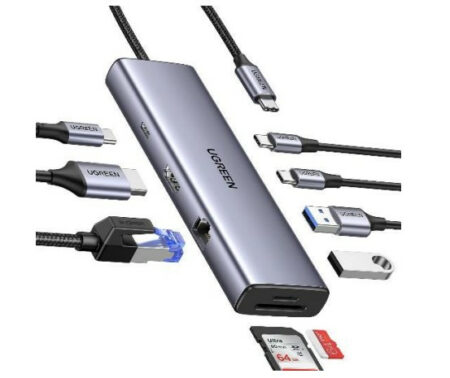 HUB USB-C UGREEN 15375 2 USB-A 3.0, 2 USB-C, USB-C PD CARGA 100W, HDMI 4K@60HZ, RJ45, LECTOR DE TARJETAS SD + MICRO SD, CAJA DE ALUMINIO