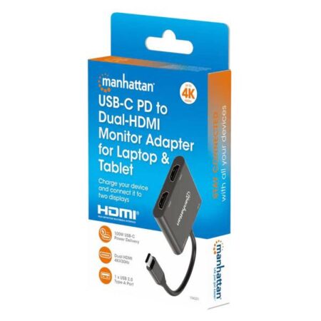 Adaptador De USB-C Pd A Monitor Dual-HDMI Manhattan 154321 Para Laptop Y Tablet/Color Negro