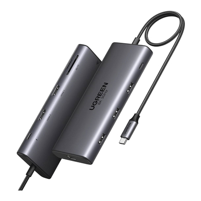 Hub USB-C Macho Ugreen 15534 Carga 100W, USB-A, USB-C Pd, USB-C 5Gbps, HDMI 8K,4K, SD, MicroSD, Rj-45, 5 Gbit/S, Gris