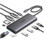 Hub USB-C Macho Ugreen 15534 Carga 100W, USB-A, USB-C Pd, USB-C 5Gbps, HDMI 8K,4K, SD, MicroSD, Rj-45, 5 Gbit/S, Gris
