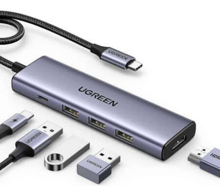 Hub USB-C 5 En 1 Ugreen 15596, HDMI 2.0, USB-A 3.0, USB-C Pd Carga 100W, Cable De Nylon Trenzado De 25 Cm, Carcasa De Aluminio