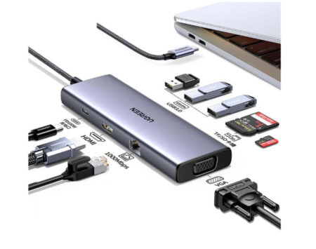 HUB USB-C 9 EN 1 UGREEN 15600, CARGA 100W, USB-A 3.0, USB-C PD, HDMI, RJ-45, VGA, SD, MICROSD, 5 GBIT/S, GRIS