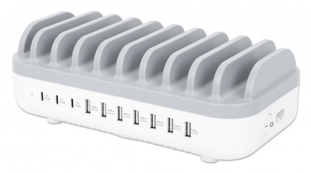 Estacion De Carga De 10 Puertos USB Manhattan 180856 120W Blanco/Gris