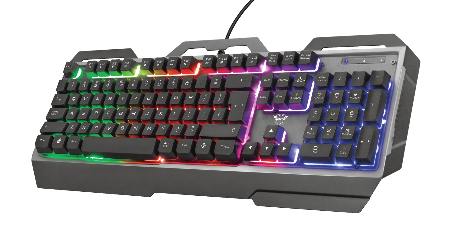 TECLADO ALAMBRICO GAMER TRUST GXT 856 TORAC, LED RGB MULTICOLOR, CABLE 1.8 M, ESPAÑOL, COLOR NEGRO, 23742