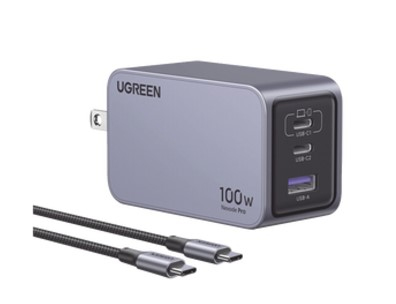 Cargador Ugreen 25873 100W Serie Nexode Pro/3 Puertos De Carga Rapida/2 USB-C/1 USB-A/Pd3.1 De 100W/Qc4.0/Tecnologia De Proteccion Termica/Optimiza La Carga/Caja De Aluminio/Incluye Cable
