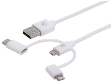 Cable USB-A 3 En 1 Micro-B/Tipo-C/Lightning Manhattan 353434 Blanco