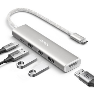 HUB USB-C 5 EN 1 UGREEN 35580/HDMI/3XUSB-A/USB-C/CABLE DE NYLON TRENZADO DE 25CM/CARCASA DE ALUMINIO/COLOR BLANCO