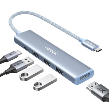 HUB USB-C 5 EN 1 UGREEN 35581/HDMI/3XUSB-A/USB-C/CABLE DE NYLON TRENZADO DE 25CM/CARCASA DE ALUMINIO/COLOR ZAUL