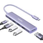 HUB USB-C 5 EN 1 UGREEN 35582/HDMI/3XUSB-A/USB-C/CABLE DE NYLON TRENZADO DE 25CM/CARCASA DE ALUMINIO/COLOR MORADO