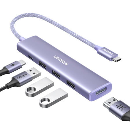 HUB USB-C 5 EN 1 UGREEN 35582/HDMI/3XUSB-A/USB-C/CABLE DE NYLON TRENZADO DE 25CM/CARCASA DE ALUMINIO/COLOR MORADO