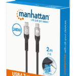 Cable Usb4 Gen 3X2 Manhattan 356381 USB-C Macho A USB-C Macho De 2 Metros, Power Delivery 3.1 Epr 240W, Transmisión De Datos 40 Gbps, Video 8K, Compatible Con Thunderbolt 3 / 4, Forro Trenzado - Negro