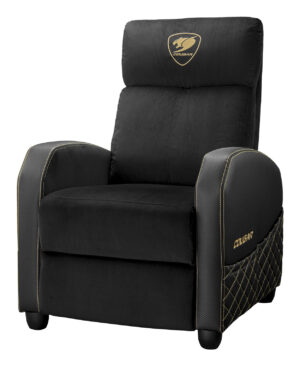 SOFA GAMER COUGAR RANGER ELITE GOLD/TERCIOPELO SUAVE/135KG/RECLINABLE/BOLSILLO LATERAL/COLOR NEGRO-DORADO/3MRAEGLB.0001