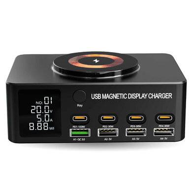 Estación De Carga Magnetica USB 9 En 1 – 140 W, USB-A X 4 Puertos, USB-C X 4 Puertos, 406467 Brobotix