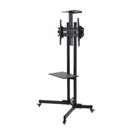 SOPORTE TIPO CARRO 32″ A 65″ MANHATTAN 462174, ALTURA AJUSTABLE, ESTANTES PARA CAMARAS Y AV, HASTA 55KG, ACERO, COLOR NEGRO