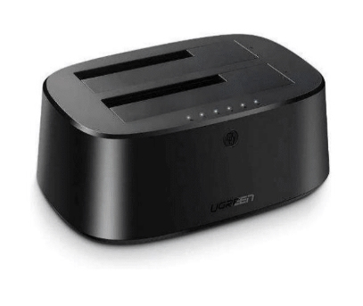 Base Para Disco Duro De Doble Bahia USB 3.0 Ugreen 50854, Soporta Discos SATA De 2.5″ Y 3.5″, Con Adaptador De Corriente 12V3A/Cable USB 1M/Alta Velocidad