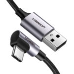 Cable USB-A A USB-C Ugreen 50941 Macho-Macho/1M/Conector Con Angulo Recto De 90°/60W/Nylon Trenzado/Color Negro