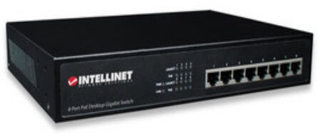 Switch Gigabit PoE+ Intellinet 560641 8 Puertos/No Administrable/30W/Pto 140W/Ieee 802.3At/Af/P/Montaje En Rack De 19″/Color Negro