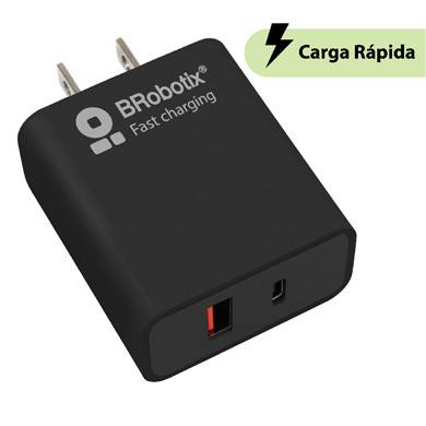 Cargador Carga Rápida – Dual USB V3.0, 18W, 1 Puerto Tipo A Y 1 Puerto Tipo C, Color Negro, Brobotix 6006658