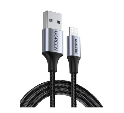 Cable USB USB-A A Lightning Ugreen 60156, 1 Metro, Carga Rapida 5V/2.4 A, 480 Mbps, Conector C94, Adecuado Para Iphone, Ipad Y Ipod, Nylon Trenzado, Color Negro