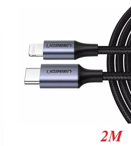 Cable USB-C A Lightning Ugreen 60761 2Mts Carga Rapida 60W, 480 Mbps, Conector C94, Iphone, Ipad Y Ipod, Caja De Aluminio, Nylon Trenzado, Color Negro