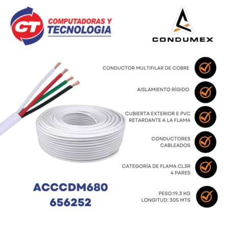 Bobina De Cable Para Alarma 4 Conductores Condumex 656252/Calibre 22 Awg/Color Blanco/305M