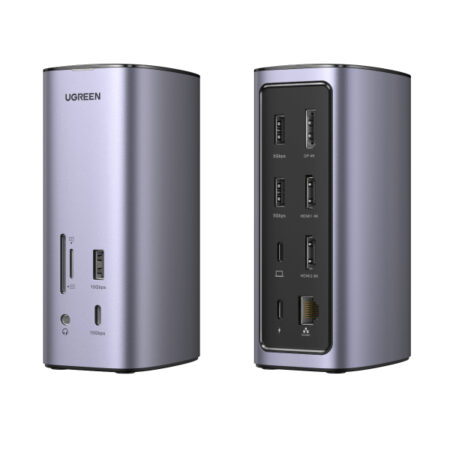 Hub USB-C Ugreen 90325 Carga 100W, USB-C, 3X USB-A 3.0, 2X USB-C, 2Xhdmi 84K, 8K, DP 4K, Rj-45, SD, MicroSD, Audio 3.5Mm, Plata