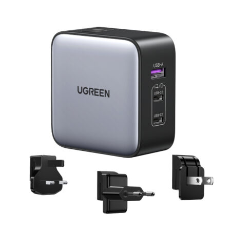 Cargador Universal De Viaje 65W Ugreen 90409, 3 Enchufes Eu/Uk/Us, 3 Puertos De Carga Rapida 2 USB-C/1 USB-A, Pd 3.0, Qc 4.0