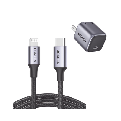 Kit Cargador De 20W Tecnologia Gan Y Cable Lightning Certificado Mfi Ugreen 90902Us304, Carga Rapida, Cable De 1M, Carcasa De Aluminio, Nylon Trenzado