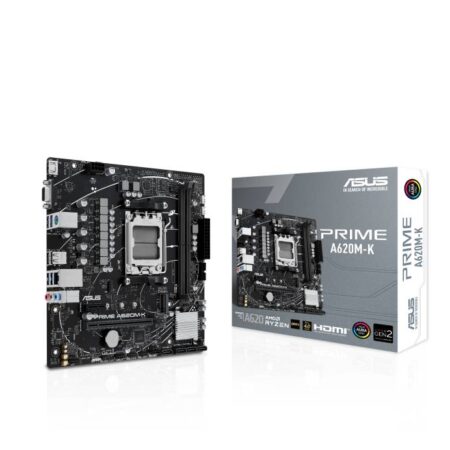 Tarjeta Madre ASUS Prime A620M-K – Matx, AMD, Ryzen Series 7000/8000, PCIE 4.0 M.2, Displayport, HDMI™, USB 3.2 Gen 1 Tipo-A, SATA 6 Gbps, Aura Sync