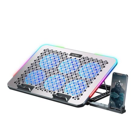 Base Enfriadora Para Laptop 15.6″, Acteck Froost Raw Be630, Abs, 6 Ventiladores X 60 Mm, Soporte Para Celular, 2 Puertos USB, 7 Niveles De Ajuste, Rgb, Color Plata AC-940771