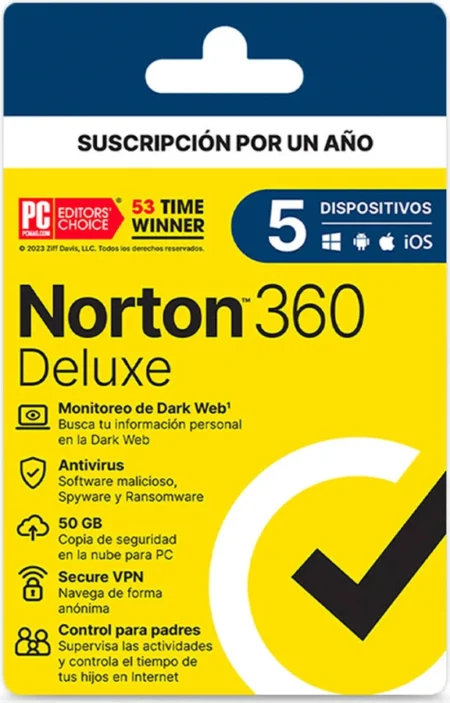 Antivirus Norton 360 Deluxe Total Security, 5 Dispositivos, 1 Año, Caja, 21414709