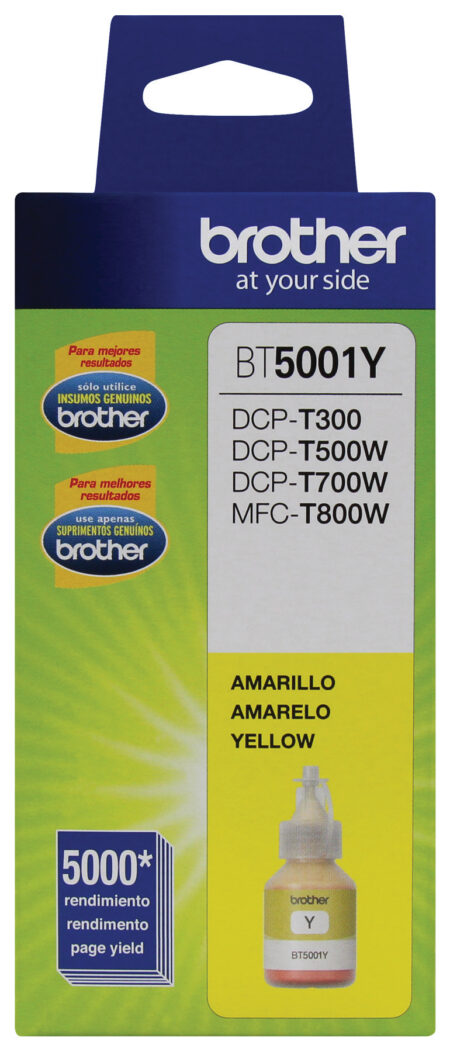 Botella De Tinta Brother Bt5001Y Amarillo – Rendimiento Aproximado 5, 000 Páginas, Compatible Con Dcpt220, Dcpt520Dw, Dcpt720Dw, Mfct920Dw