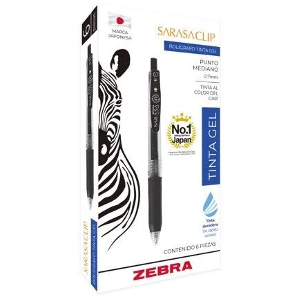 Caja C/6 Piezas Boligrafo Zebra Sarasa Clip Rollerball Retractil/Punto Mediano 0.7/Tinta Gel Color Negro/808Ngrmdc006
