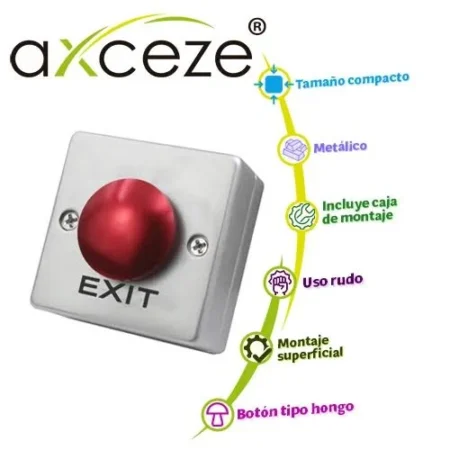 Boton Liberador Tipo Hongo Axceze Ax-B55 Base Metalica/53Mm X 53Mm X 38Mm/Conexion 2 Hilos/Color Rojo