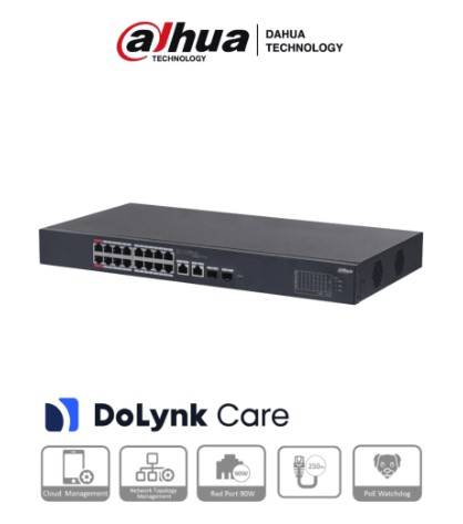 Switch PoE De 18 Puertos/ 16 Puertos PoE 10/100/ 2 Puertos Uplink 10/100/1000 + 2 Puertos Sfp/ 135 Watts Totales/ Administrable En La Nube Por Dolynk Care/ –