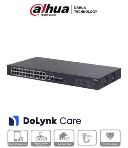 Switch PoE 26 Puertos - 24 Puertos PoE 10/100, 2 Uplink 10/100/1000+2 Puertos Sfp, 240 Watts, Administrable En La Nube Dolynk Care, Switching 8.8 Gbps