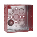CAJA CUADRADA GALVANIZADA DE 4" RACO HUB-911-3, PROFUNDIDAD DE 2 1/8", CUENTA CON 11 KO DE 1/2" Y 6 TKO (1/2" - 3/4")/ COLOR ROJO