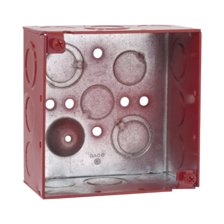 CAJA CUADRADA GALVANIZADA DE 4″ RACO HUB-911-3, PROFUNDIDAD DE 2 1/8″, CUENTA CON 11 KO DE 1/2″ Y 6 TKO (1/2″ – 3/4″)/ COLOR ROJO