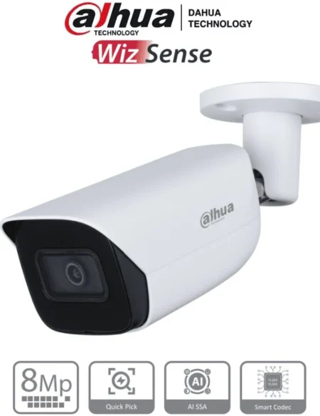 Camara Bala Turbohd Dahua Ipc-Hfw3841E-As-S2 8Mpx/Lente De 2.8Mm/Wizsense/107 Grados De Apertura/H.265+/Microfono Integrado/1 E&S De Alarma Y Audio/Smd 4.0/Wdr Real/Quick Pick Ai Ssa/PoE/IP67