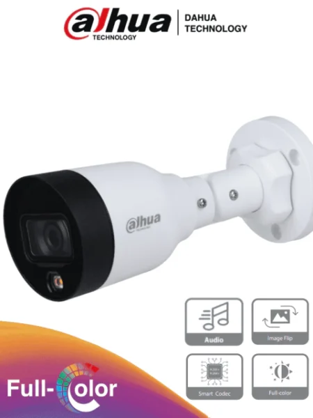 CAMARA BULLET IP DAHUA DH-IPC-HFW1239S1-A-LED-S5 2MPX/LENTE DE 2.8MM/102° APERTURA/MICROFONO INTEGRADO/H.265+/15 MTS LUZ/IP67/POE/DWDR