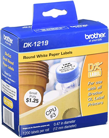 Etiqueta Blanca De Papel Brother Dk1219 – 1200 Etiquetas De 12 Mm De Diametro. Impresión En Negro. Ql800 / Ql810W.