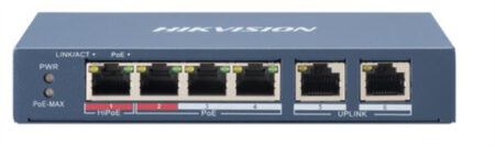 Switch PoE+ Hikvision Ds-3E0106Hp-E, 3 Puertos 100Mbps 802.3 Af/At(30 W)+1 Puerto 100Mbps Hi-PoE (60 W)/2Xuplink/250M PoE Larga Distancia