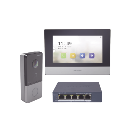 Kit Videoportero Hikvision Ds-Kis603-P/S IP+Switch PoE PoE Estandar Con Llamada A App De Smartphone (Hikconnect)/Apertura Con Tarjeta Mifare/Frente De Calle IP65