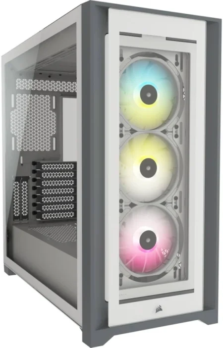 GABINETE CORSAIR CC-9011279-WW 3500X ARGB TORRE MEDIA, VIDRIO TEMPLADO PANORAMICO, SIN FUENTE, 3 VENTILADORES RS120 ARGB, COLOR BLANCO ATX