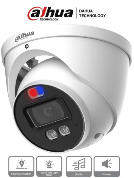 Dahua Hac-Me1239Hn-A-Pv – Cámara Domo Tioc De 2 Mp/ Disuasion Activa Luz Roja Y Azul/ 3.6 Mm/ Microfono Y Altavoz / 40 Metros Ir/ Metalica/ IP67/ –