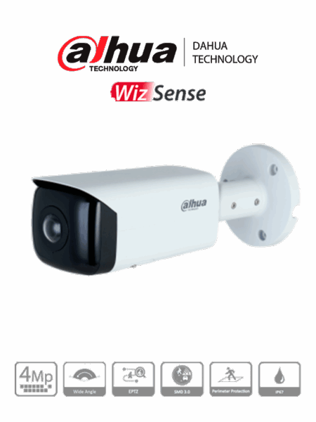 Dahua Ipc-Hfw3441T-As-P Cámara IP Bullet Panorámica 4 Mp - 2.1 Mm, Ángulo 180°, Ir 20 M, Ia Wizsense, Protección Perimetral, Starlight, PoE, Wdr